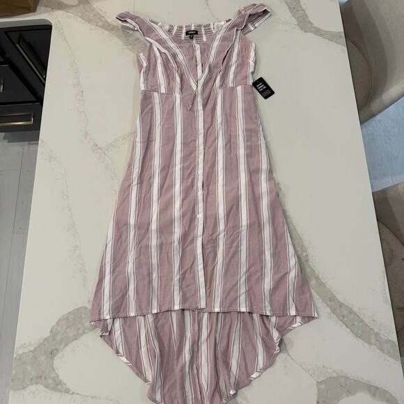 Express NWT Off Shoulder High Low Smocked Dress Women's Small Pink/White Striped - Picture 1 of 9